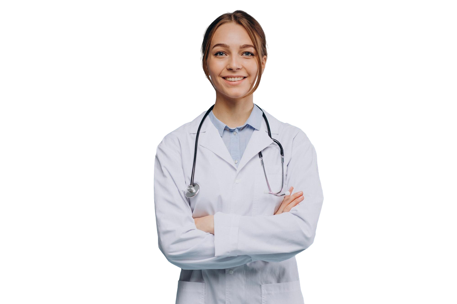 Smiling female doctor wearing a white coat with a stethoscope