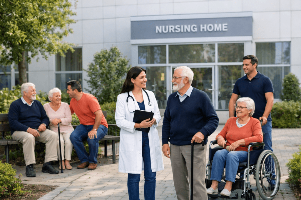 Nursing home staff supporting senior residents in a Medicare-focused care environment