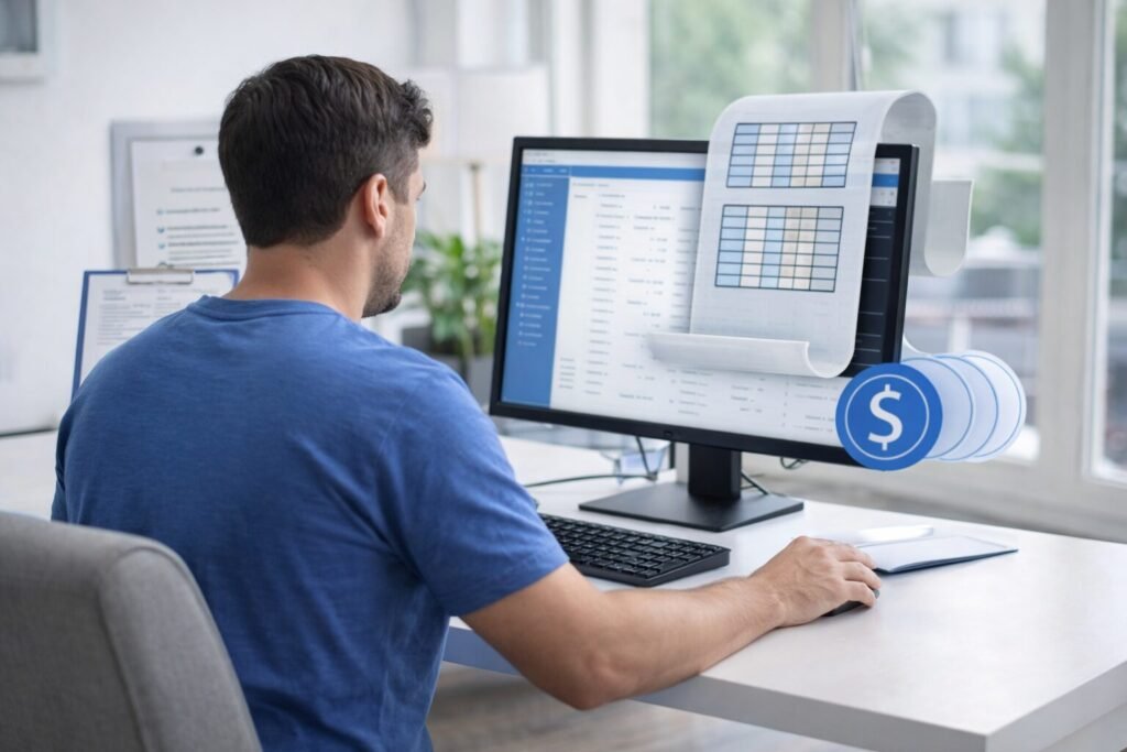 Medical billing specialist reviewing healthcare payment records on a computer