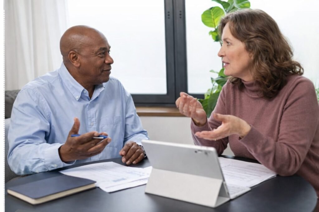 Doctor consulting with patient over medical reports during healthcare appointment in modern clinic office