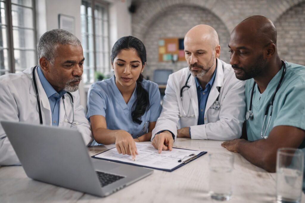 Medical team reviewing patient records and discussing critical care treatment