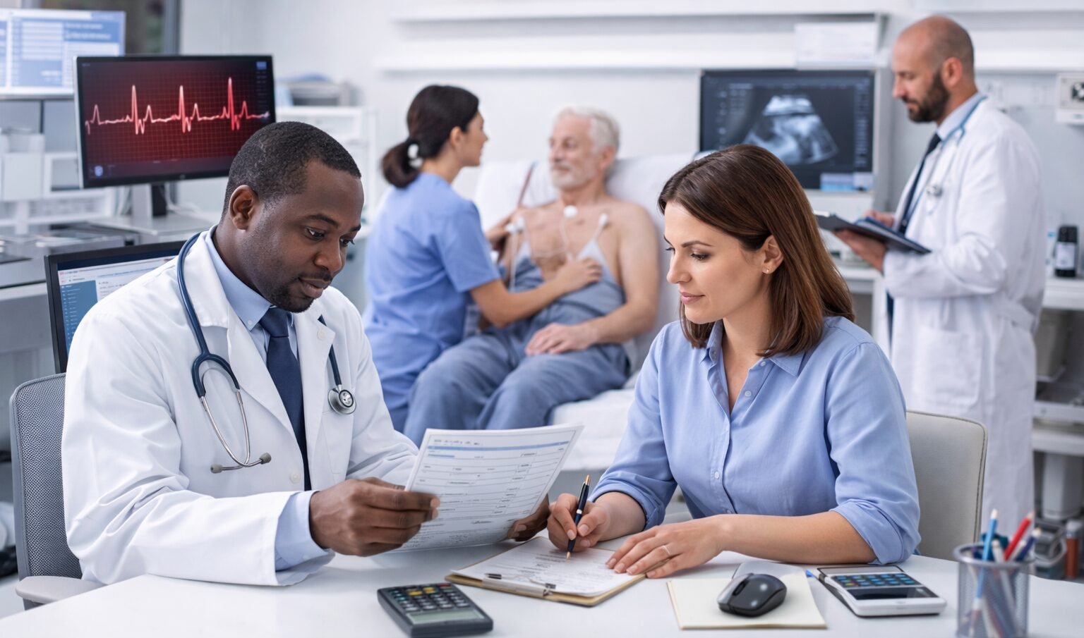 Cardiologist reviewing medical billing documents while a patient undergoes ECG heart monitoring