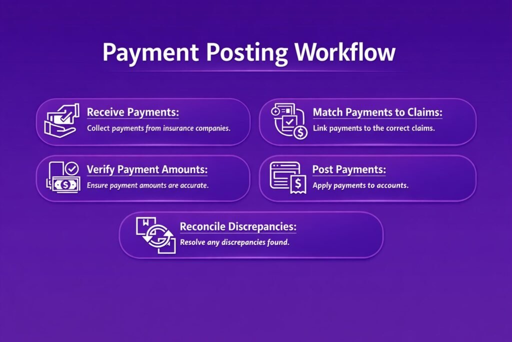 Medical billing payment posting workflow steps infographic.